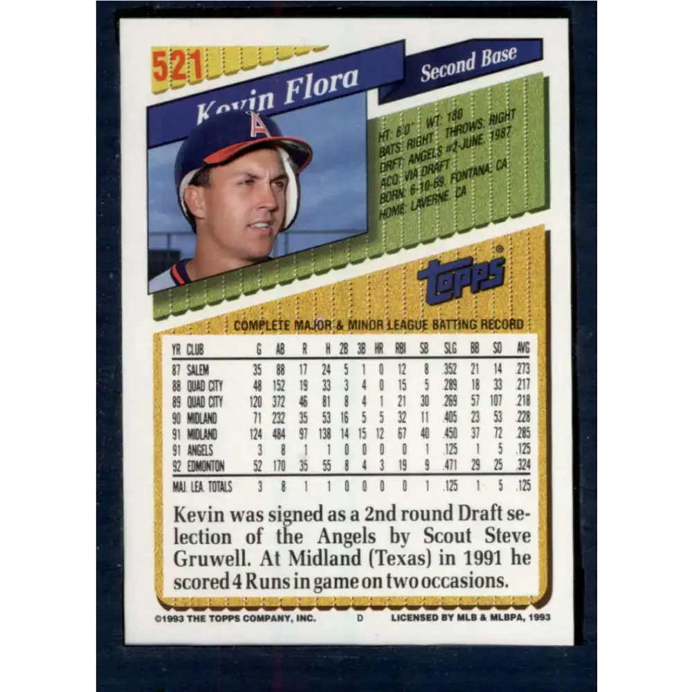 1993 Topps #521 Kevin Flora NM-MT California Angels Baseball Card - Baseball Card Single