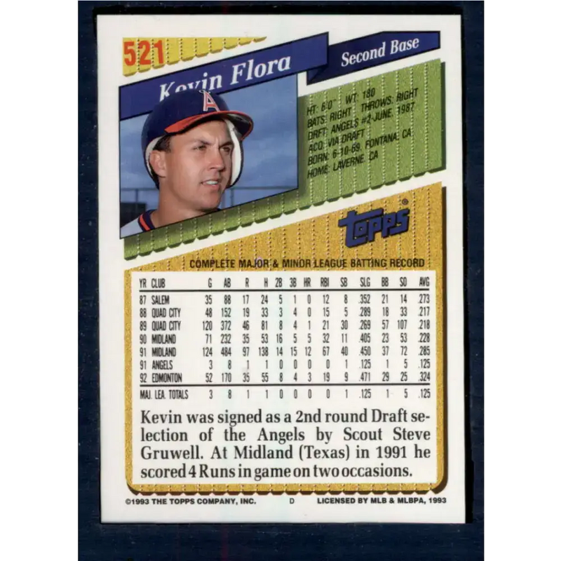 1993 Topps #521 Kevin Flora NM-MT California Angels Baseball Card - Baseball Card Single