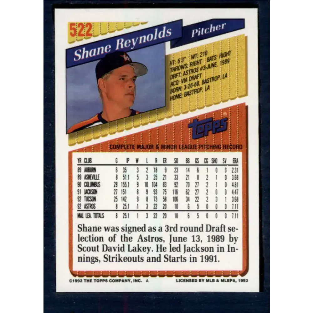 1993 Topps #522 Shane Reynolds NM-MT Houston Astros Baseball Card - Baseball Card Single