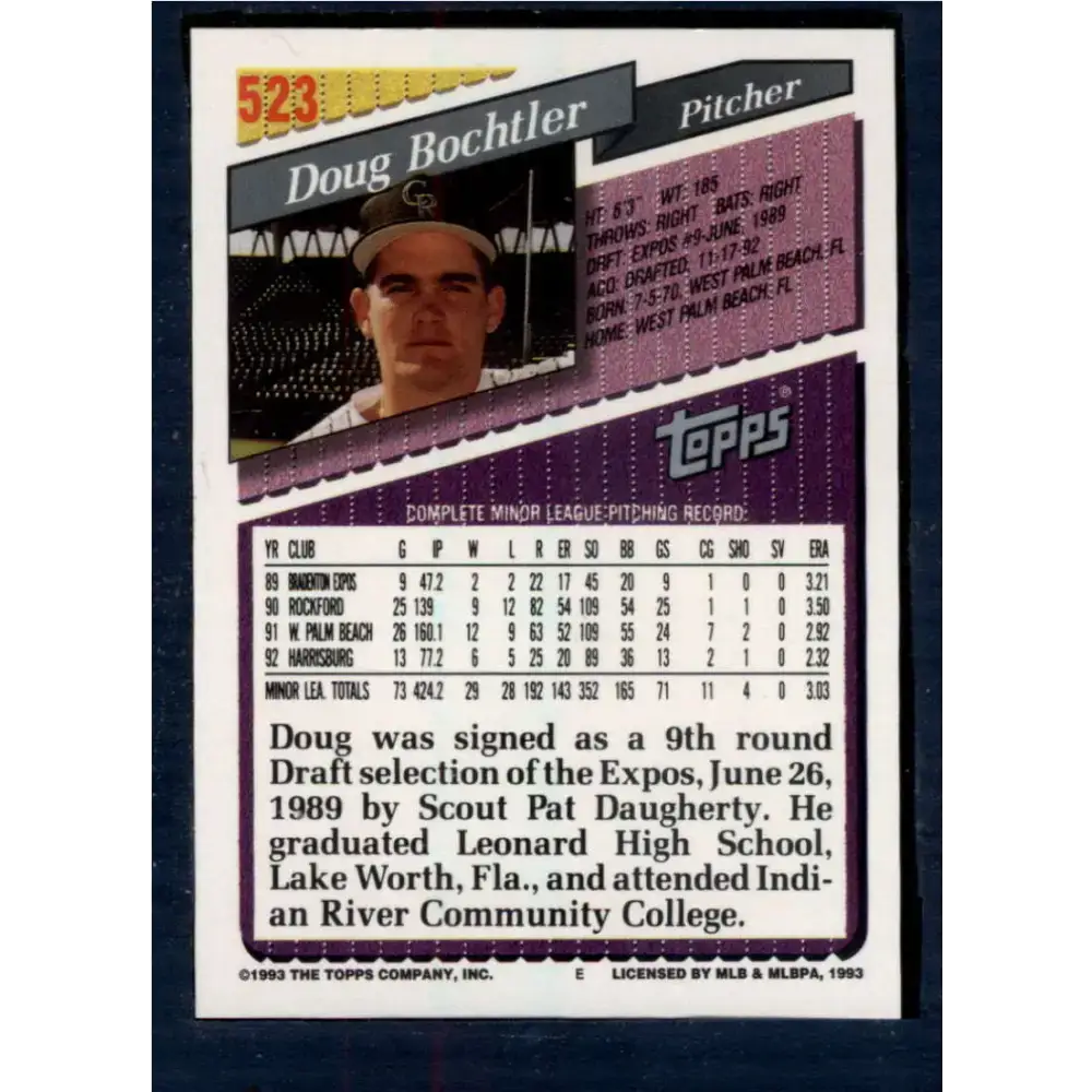 1993 Topps #523 Doug Bochtler NM-MT RC Rookie Colorado Rockies Baseball Card