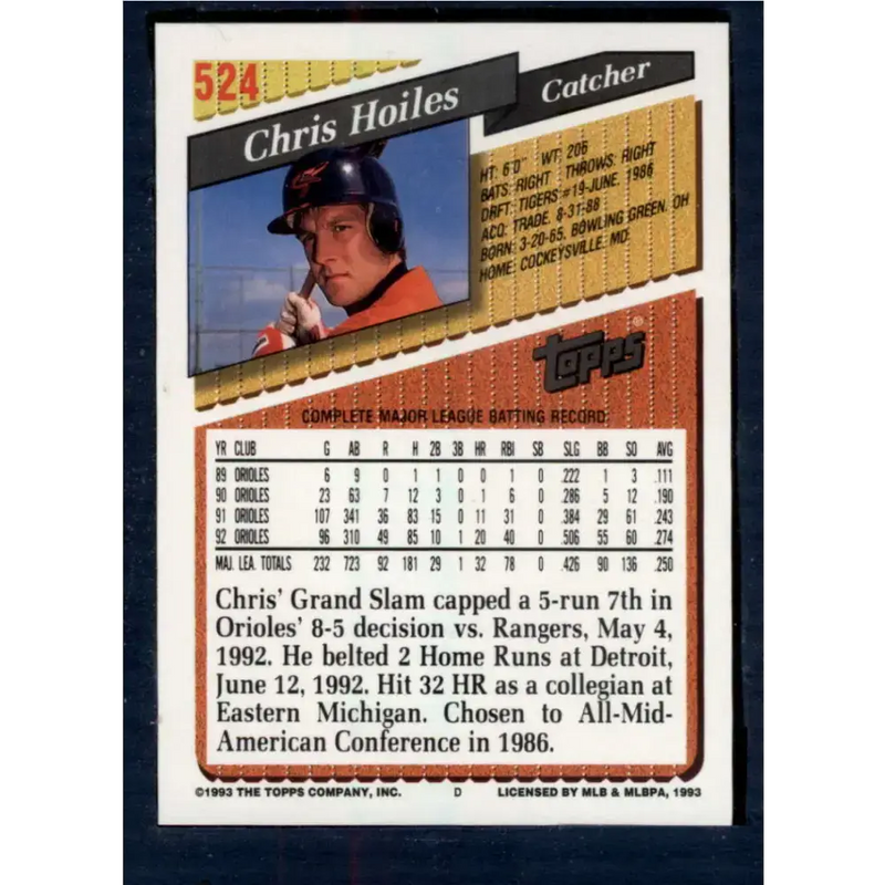 1993 Topps #524 Chris Hoiles NM-MT Baltimore Orioles Baseball Card - Baseball Card Single