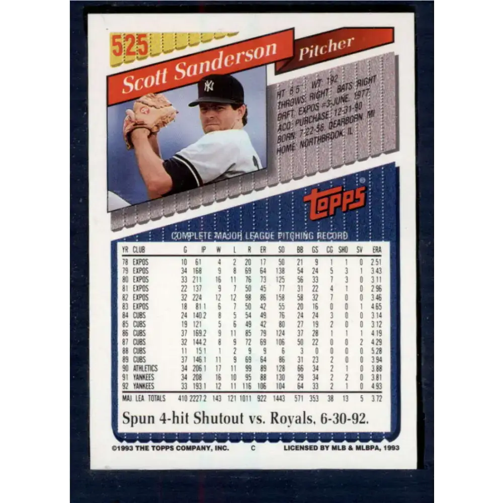 1993 Topps #525 Scott Sanderson NM-MT New York Yankees Baseball Card - Baseball Card Single