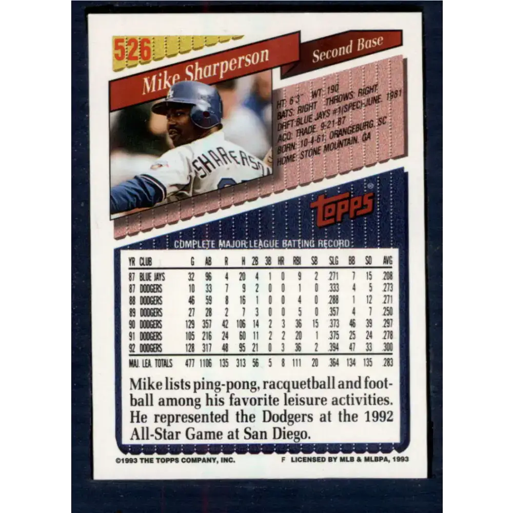 1993 Topps #526 Mike Sharperson NM-MT Los Angeles Dodgers Baseball Card - Baseball Card Single