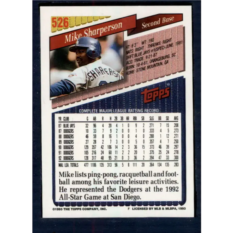 1993 Topps #526 Mike Sharperson NM-MT Los Angeles Dodgers Baseball Card - Baseball Card Single