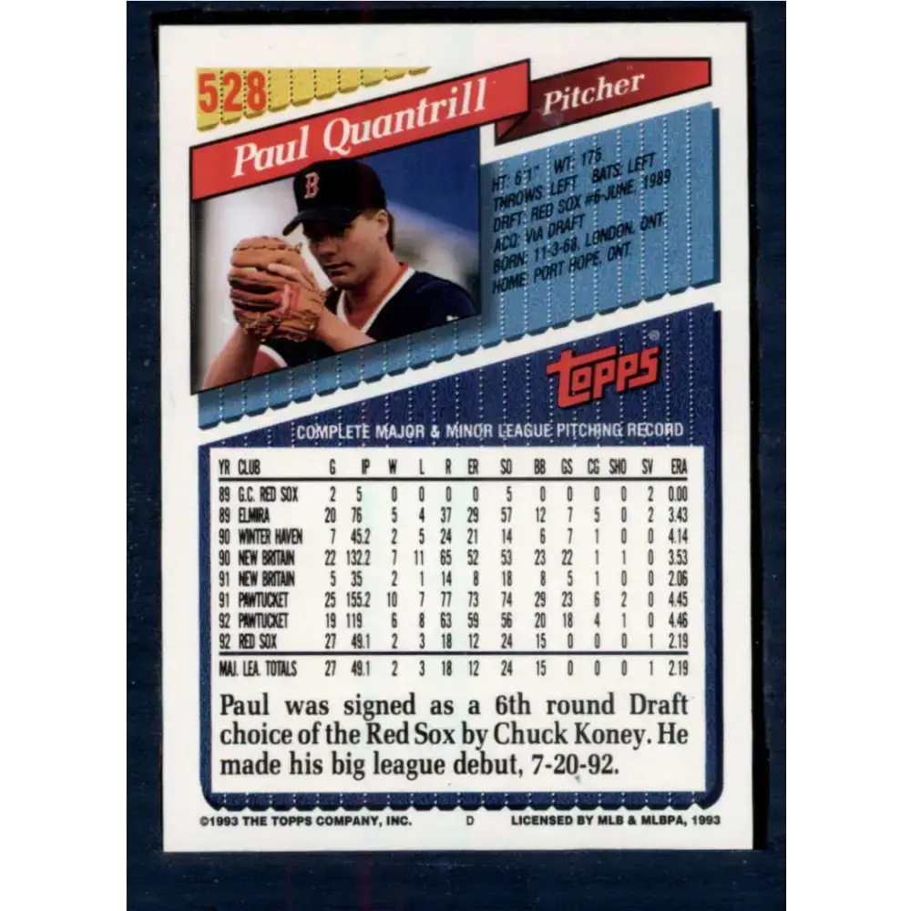 1993 Topps #528 Paul Quantrill NM-MT Boston Red Sox Baseball Card - Baseball Card Single