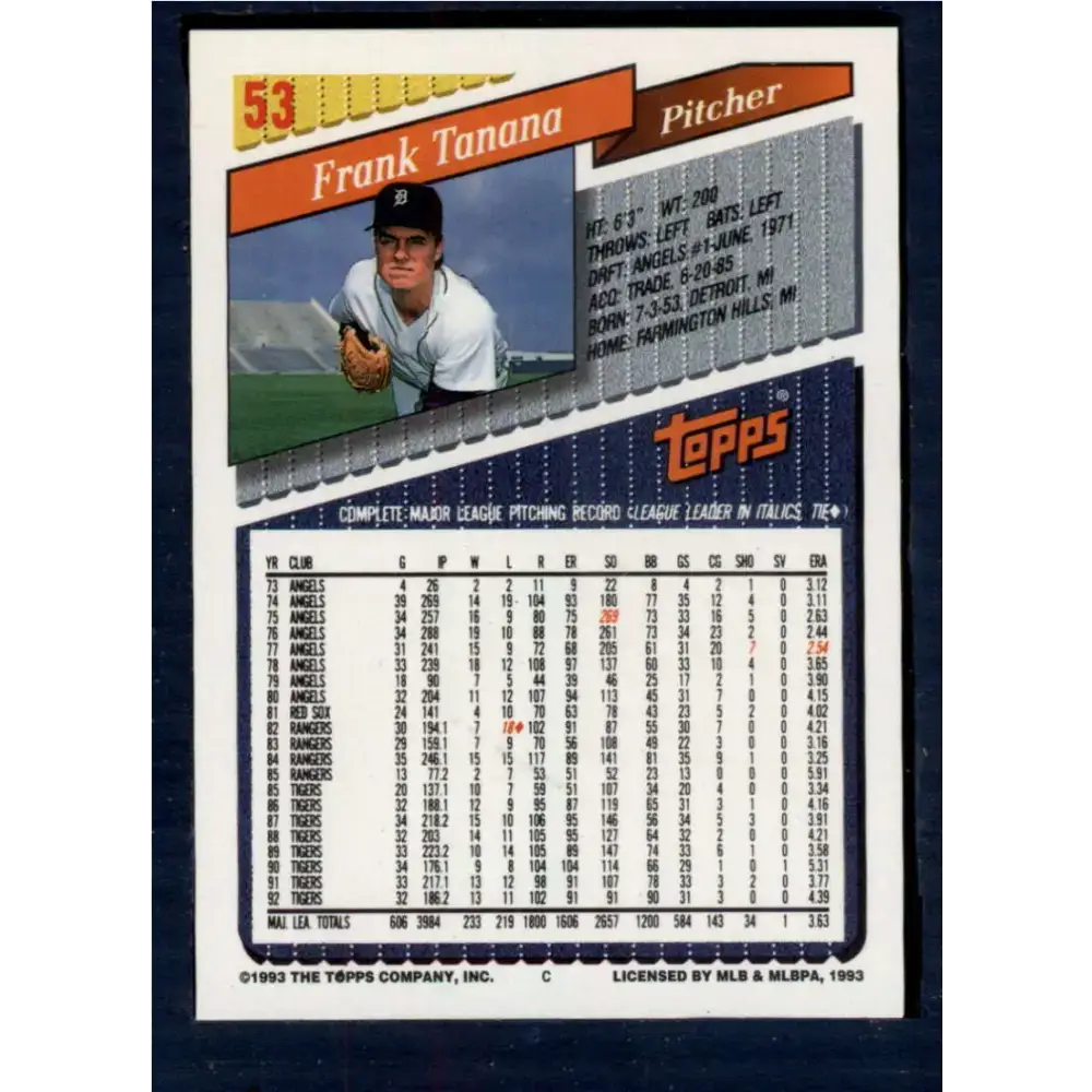 1993 Topps #53 Frank Tanana NM-MT Detroit Tigers Baseball Card - Baseball Card Single