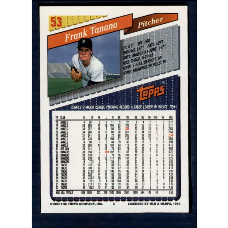 1993 Topps #53 Frank Tanana NM-MT Detroit Tigers Baseball Card - Baseball Card Single