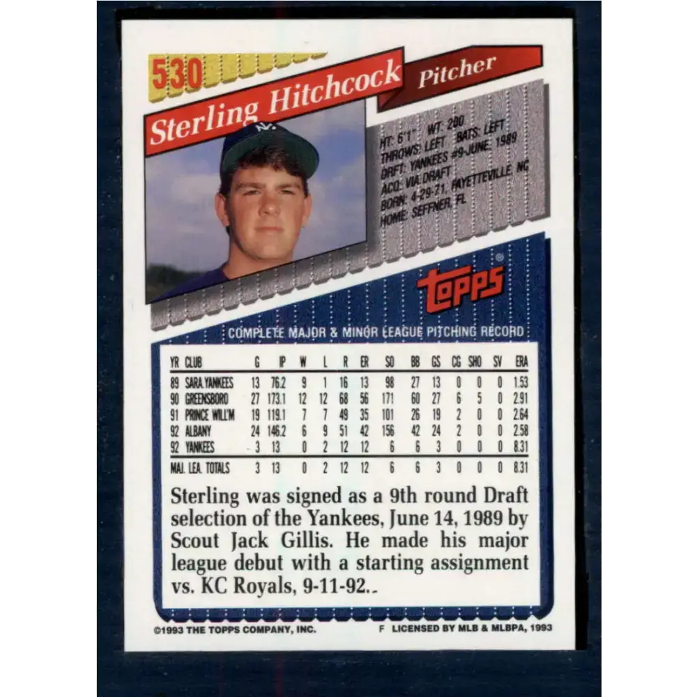 1993 Topps #530 Sterling Hitchcock NM-MT RC Rookie New York Yankees Baseball Card - Baseball Card Single