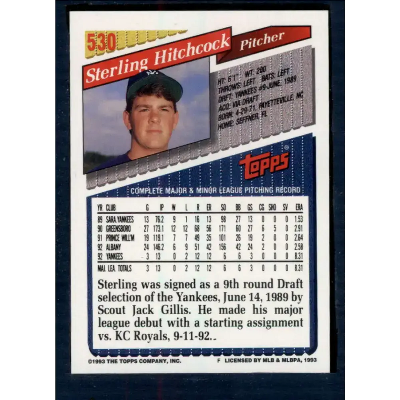 1993 Topps #530 Sterling Hitchcock NM-MT RC Rookie New York Yankees Baseball Card - Baseball Card Single