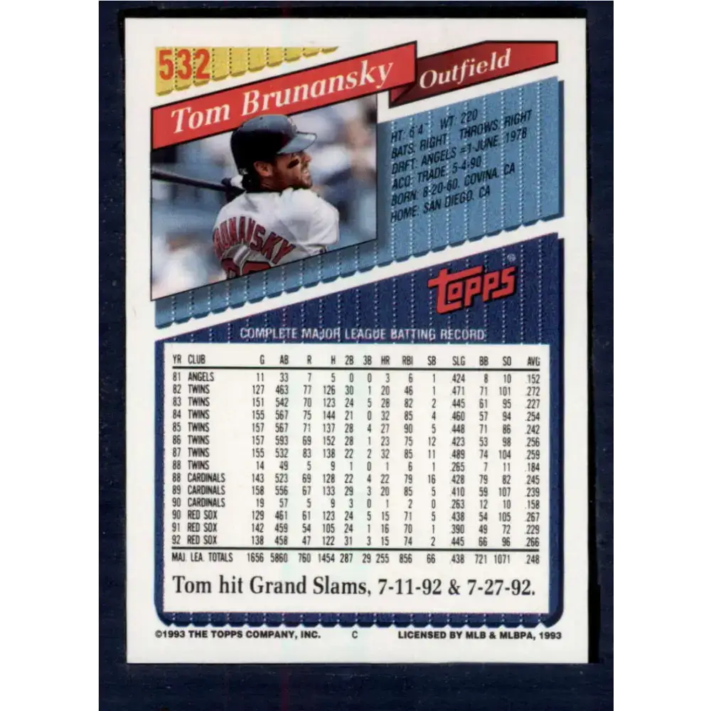1993 Topps #532 Tom Brunansky NM-MT Boston Red Sox Baseball Card - Baseball Card Single
