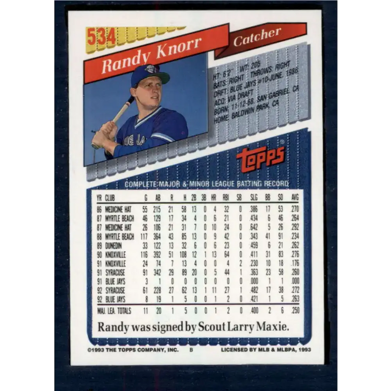 1993 Topps #534 Randy Knorr NM-MT Toronto Blue Jays Baseball Card - Baseball Card Single