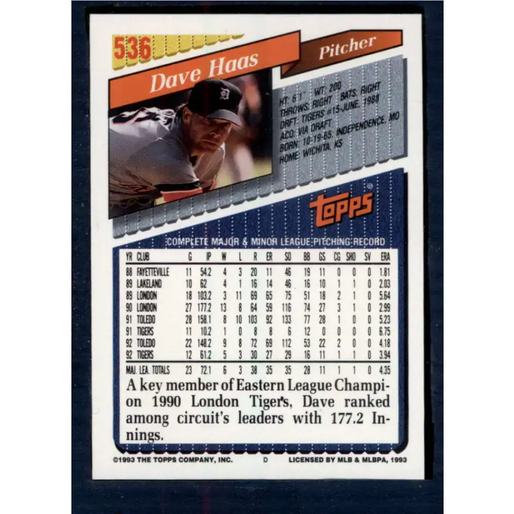 1993 Topps #536 Dave Haas NM-MT Detroit Tigers Baseball Card - Baseball Card Single