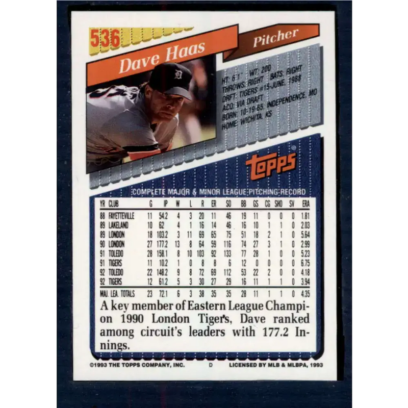1993 Topps #536 Dave Haas NM-MT Detroit Tigers Baseball Card - Baseball Card Single