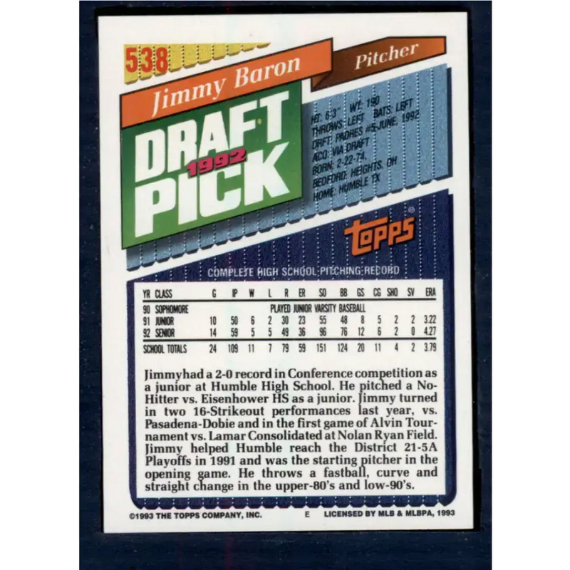 1993 Topps #538 Jimmy Baron NM-MT RC Rookie San Diego Padres Baseball Card - Baseball Card Single