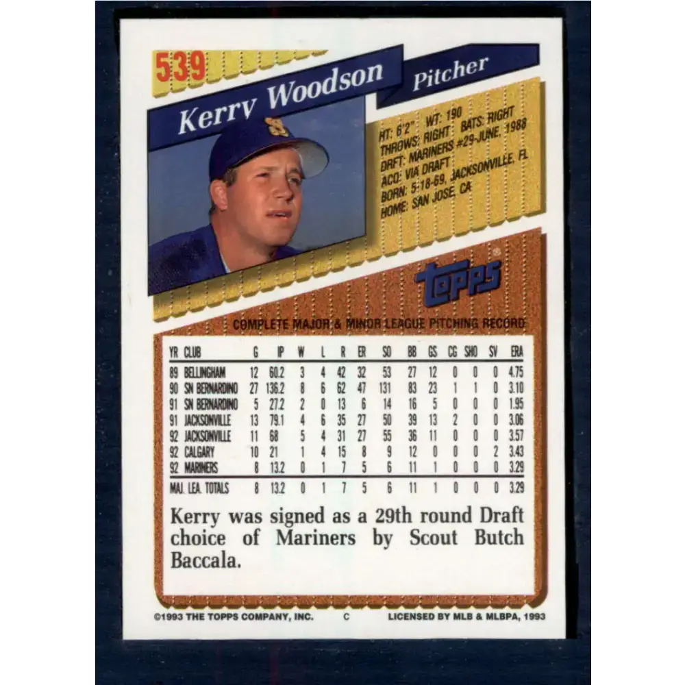 1993 Topps #539 Kerry Woodson NM-MT Seattle Mariners Baseball Card - Baseball Card Single