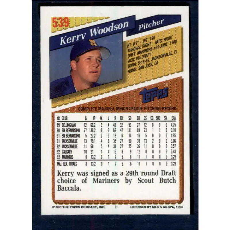 1993 Topps #539 Kerry Woodson NM-MT Seattle Mariners Baseball Card - Baseball Card Single