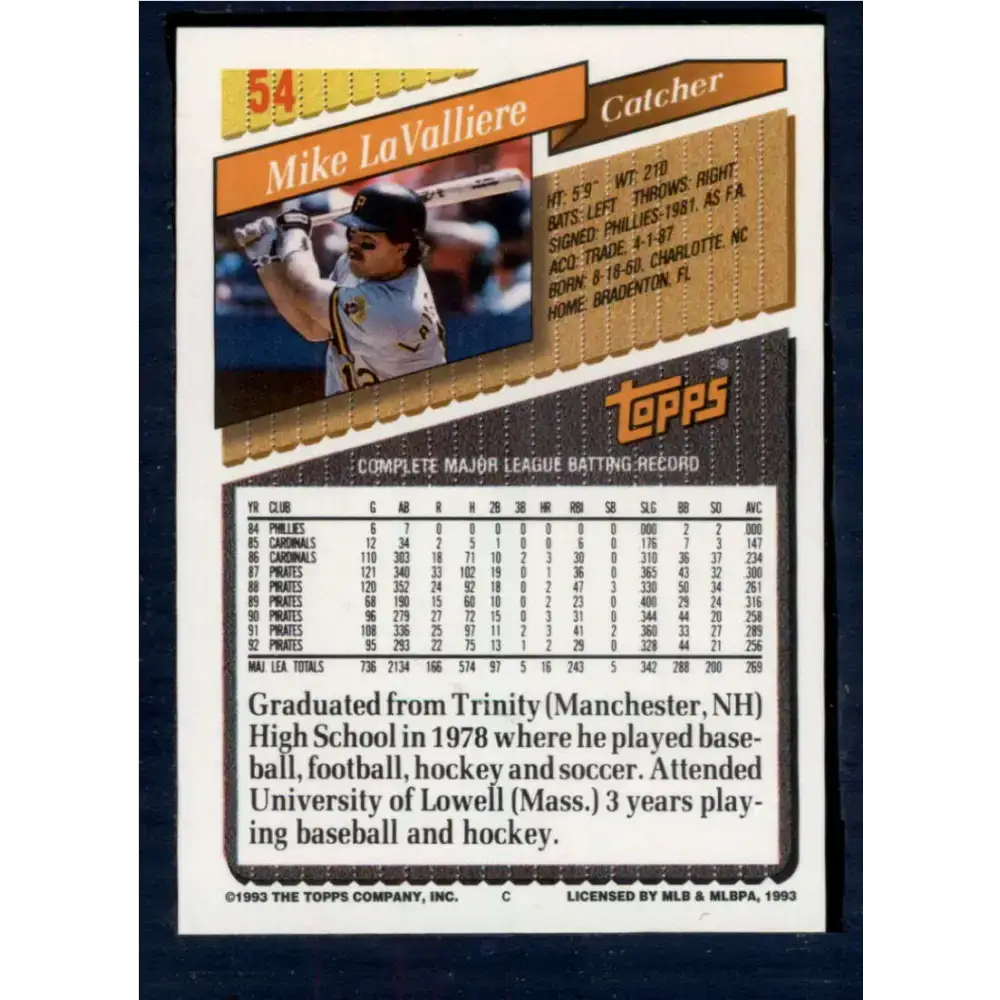1993 Topps #54 Mike LaValliere NM-MT Pittsburgh Pirates Baseball Card - Baseball Card Single