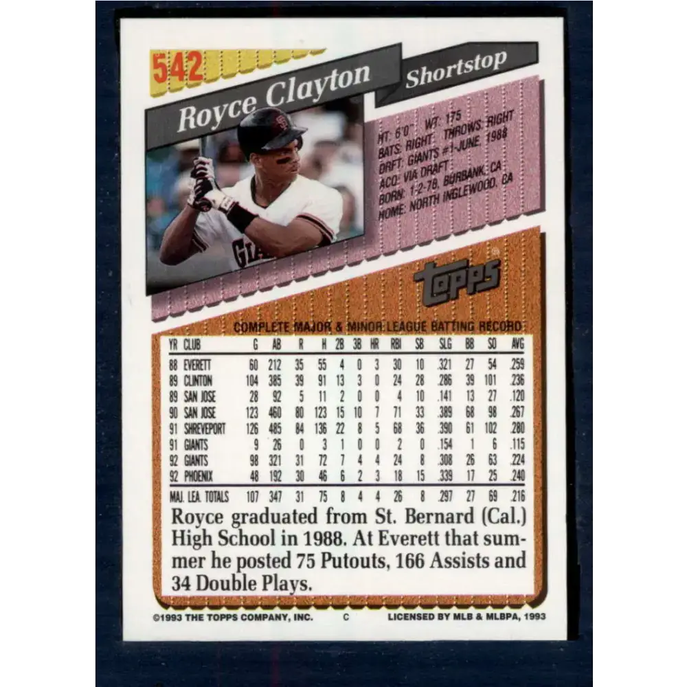 1993 Topps #542 Royce Clayton NM-MT San Francisco Giants Baseball Card - Baseball Card Single