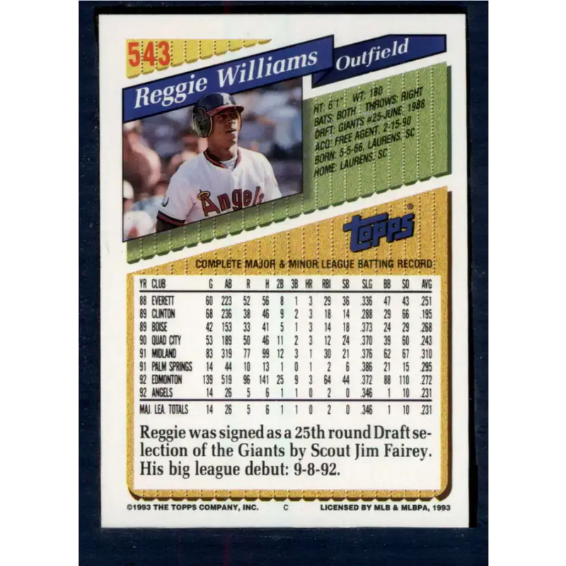 1993 Topps #543 Reggie Williams NM-MT California Angels Baseball Card - Baseball Card Single