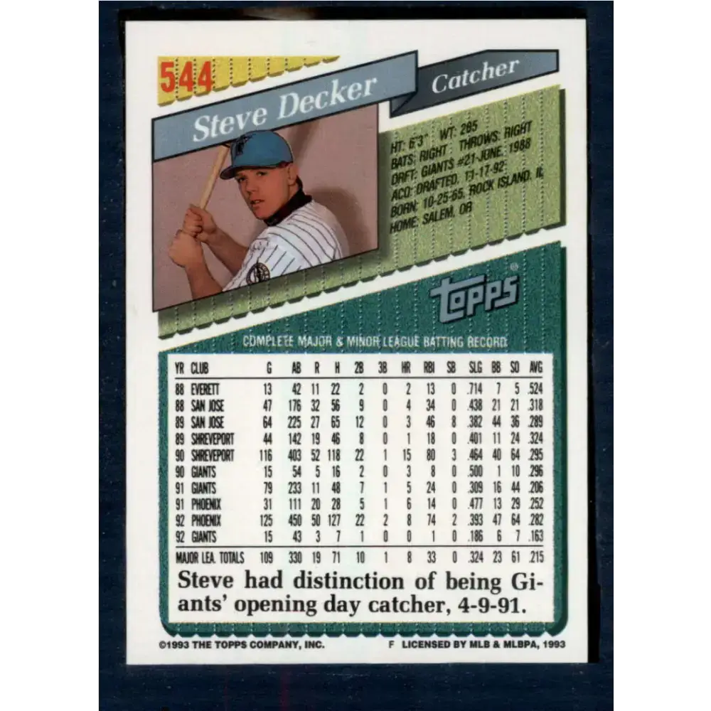 1993 Topps #544 Steve Decker NM-MT Florida Marlins Baseball Card - Baseball Card Single
