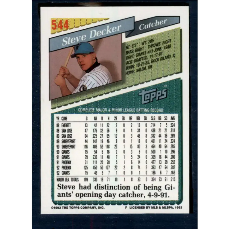 1993 Topps #544 Steve Decker NM-MT Florida Marlins Baseball Card - Baseball Card Single