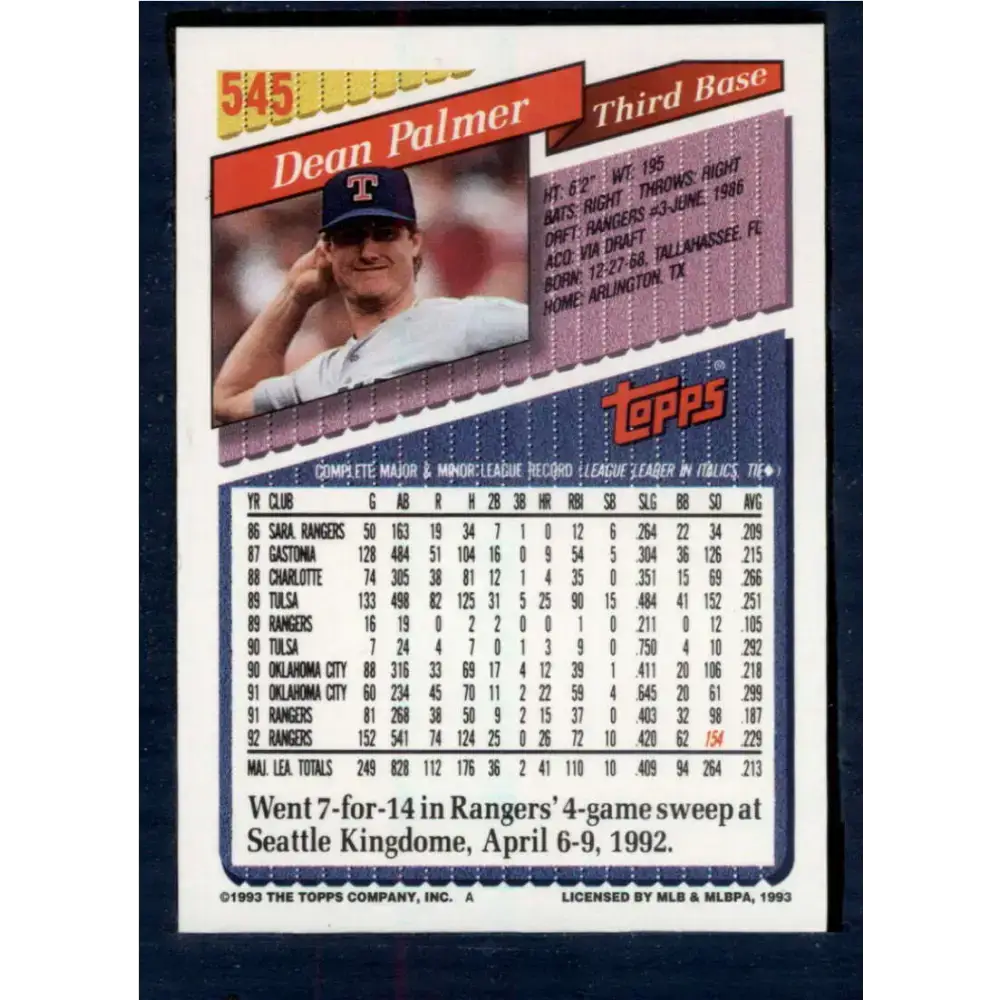 1993 Topps #545 Dean Palmer NM-MT Texas Rangers Baseball Card - Baseball Card Single