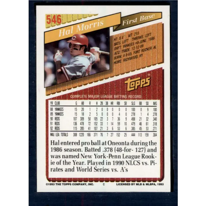 1993 Topps #546 Hal Morris NM-MT Cincinnati Reds Baseball Card - Baseball Card Single