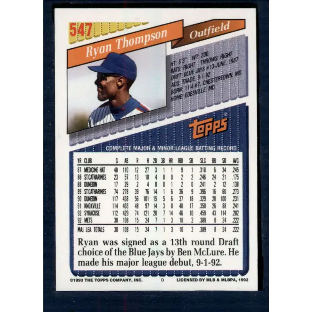 1993 Topps #547 Ryan Thompson NM-MT New York Mets Baseball Card - Baseball Card Single
