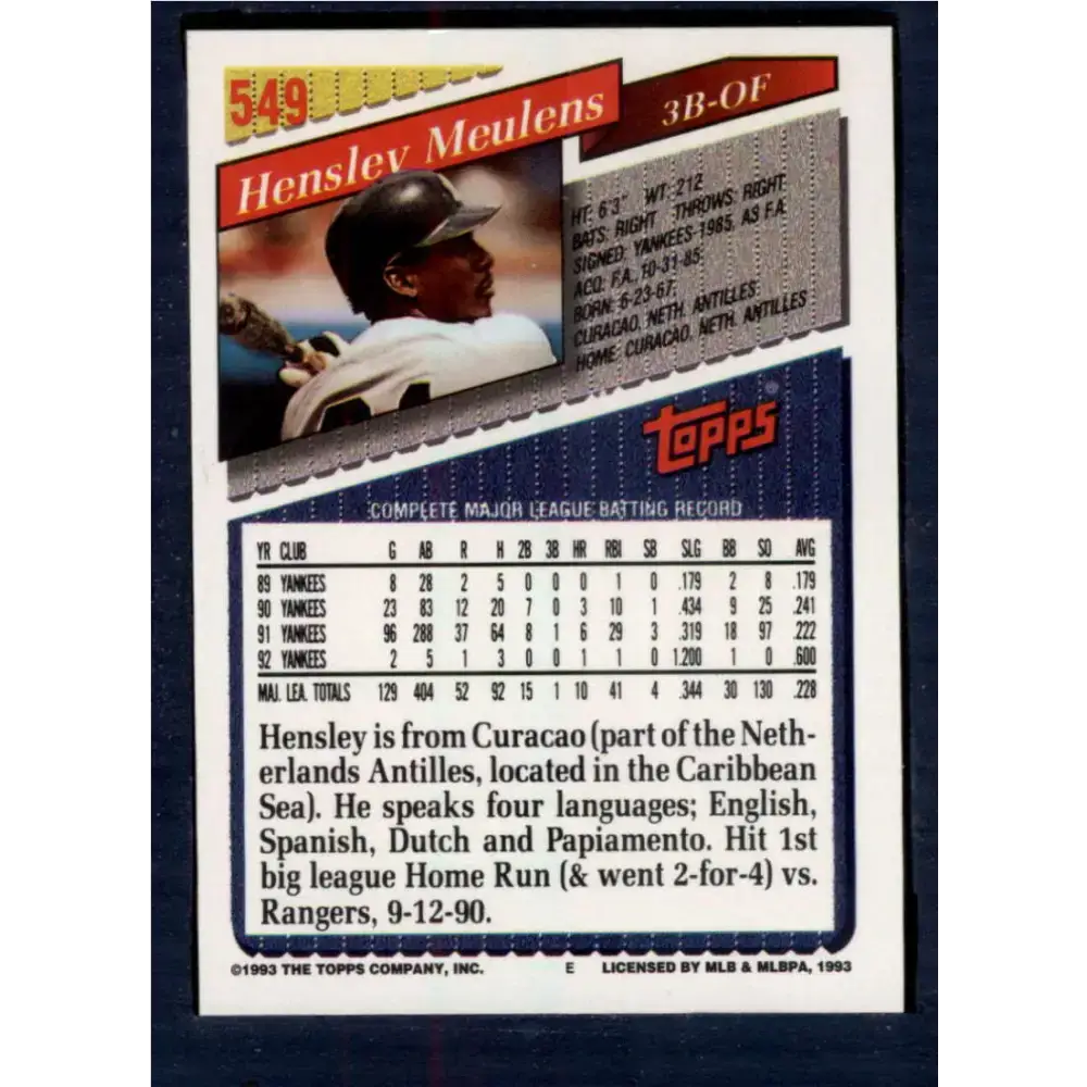 1993 Topps #549 Hensley Meulens NM-MT New York Yankees Baseball Card - Baseball Card Single