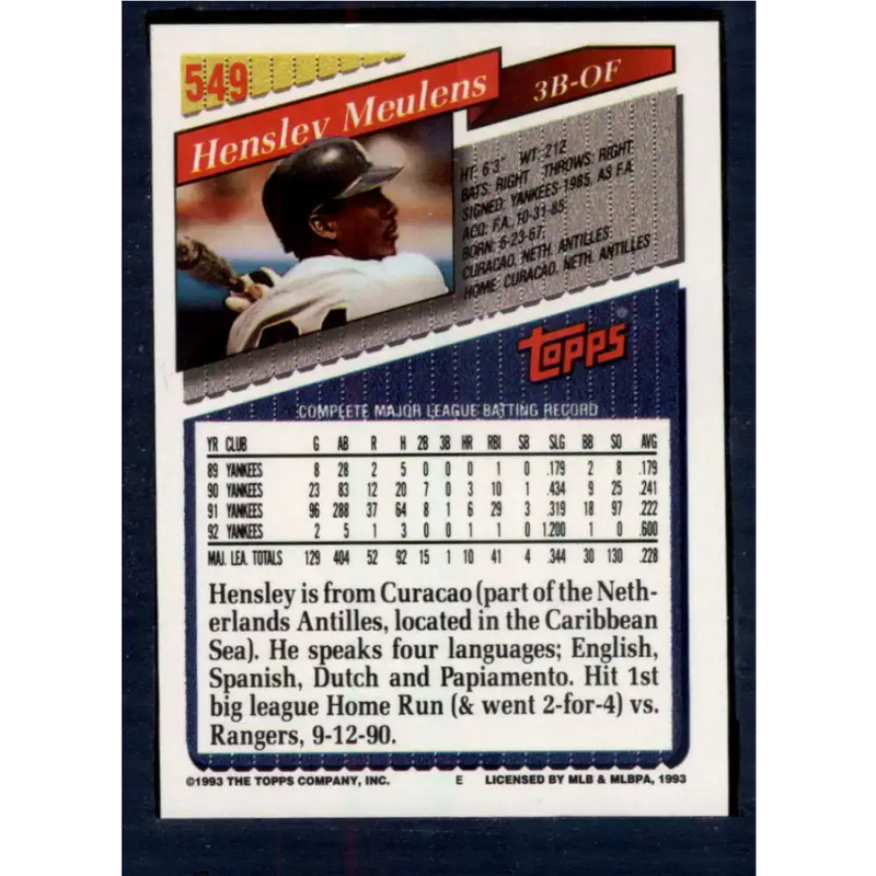 1993 Topps #549 Hensley Meulens NM-MT New York Yankees Baseball Card - Baseball Card Single