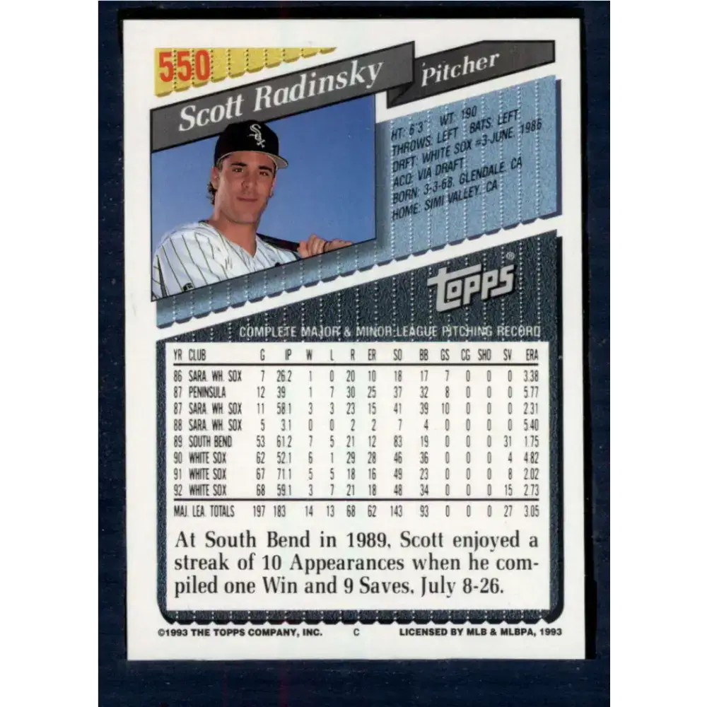 1993 Topps #550 Scott Radinsky NM-MT Chicago White Sox Baseball Card - Baseball Card Single