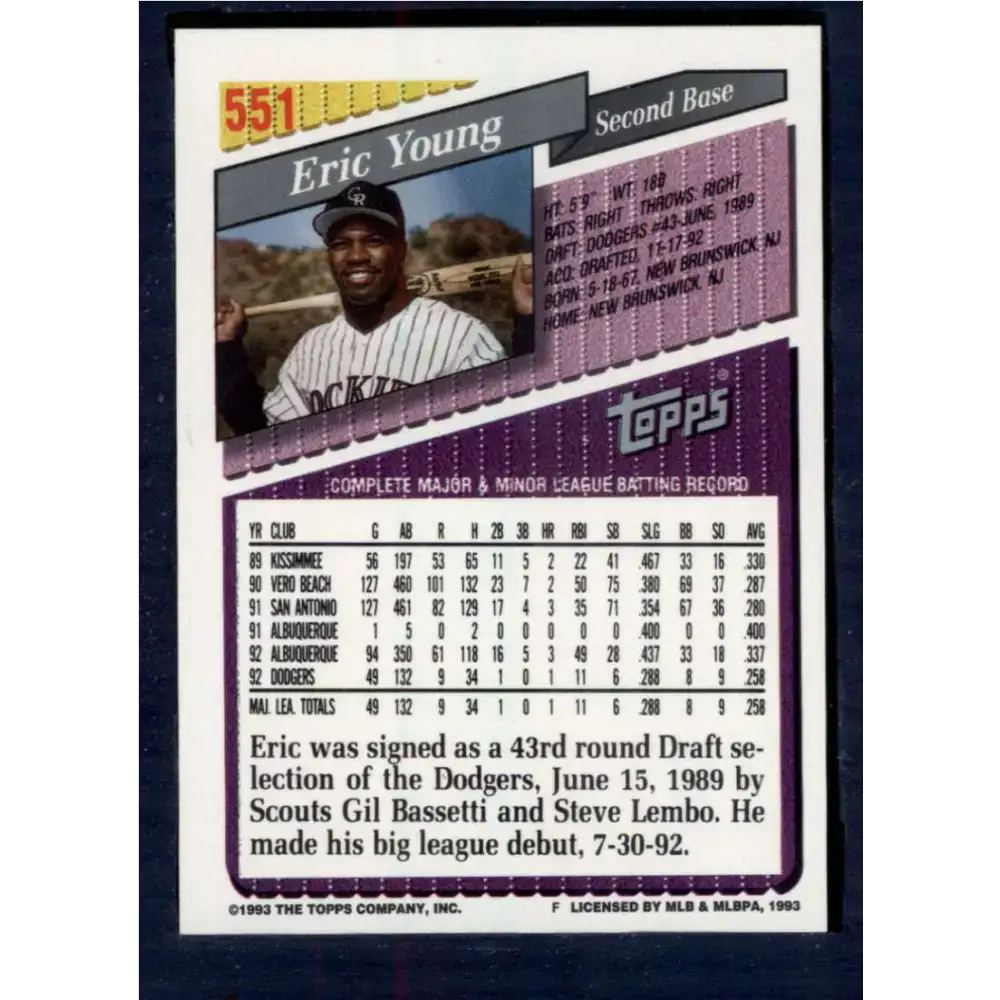 1993 Topps #551 Eric Young NM-MT Colorado Rockies Baseball Card - Baseball Card Single
