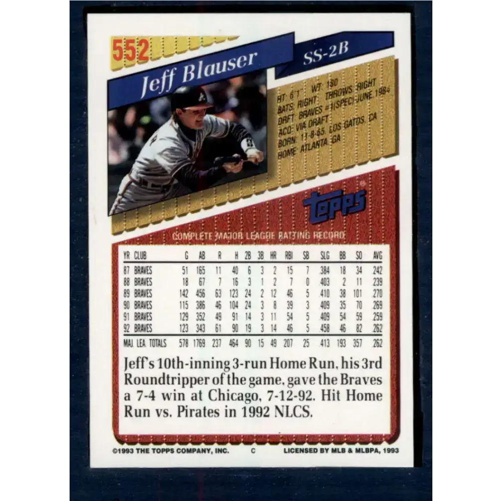 1993 Topps #552 Jeff Blauser NM-MT Atlanta Braves Baseball Card - Baseball Card Single