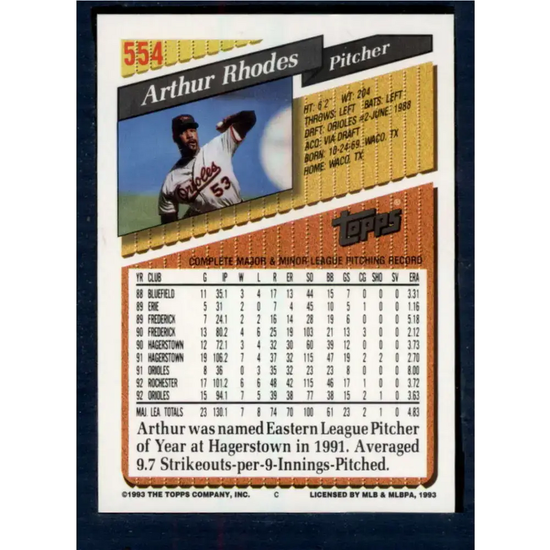 1993 Topps #554 Arthur Rhodes NM-MT Baltimore Orioles Baseball Card - Baseball Card Single