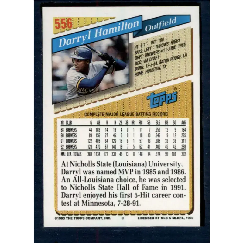 1993 Topps #556 Darryl Hamilton NM-MT Milwaukee Brewers Baseball Card - Baseball Card Single