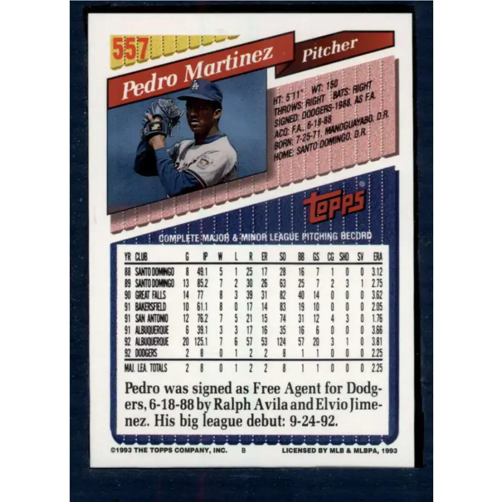 1993 Topps #557 Pedro Martinez NM-MT Los Angeles Dodgers Baseball Card - Baseball Card Single