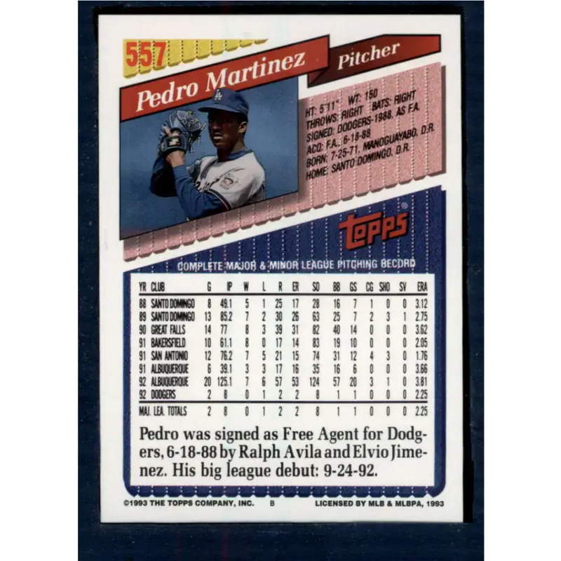 1993 Topps #557 Pedro Martinez NM-MT Los Angeles Dodgers Baseball Card - Baseball Card Single