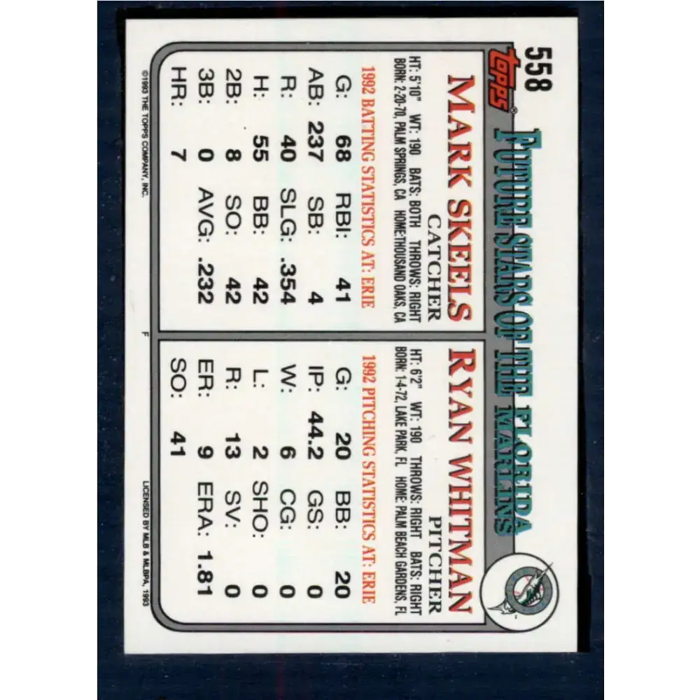 1993 Topps #558 Ryan Whitman/Mark Skeels NM-MT RC Rookie Florida Marlins Baseball Card - Baseball Card Single