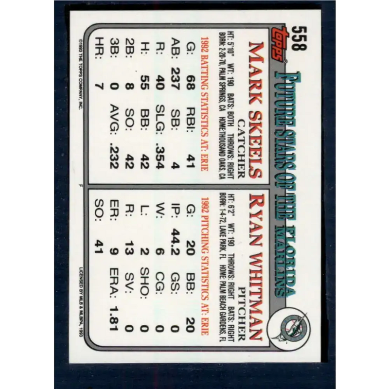 1993 Topps #558 Ryan Whitman/Mark Skeels NM-MT RC Rookie Florida Marlins Baseball Card - Baseball Card Single