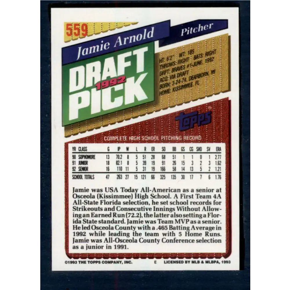 1993 Topps #559 Jamie Arnold NM-MT RC Rookie Atlanta Braves Baseball Card - Baseball Card Single