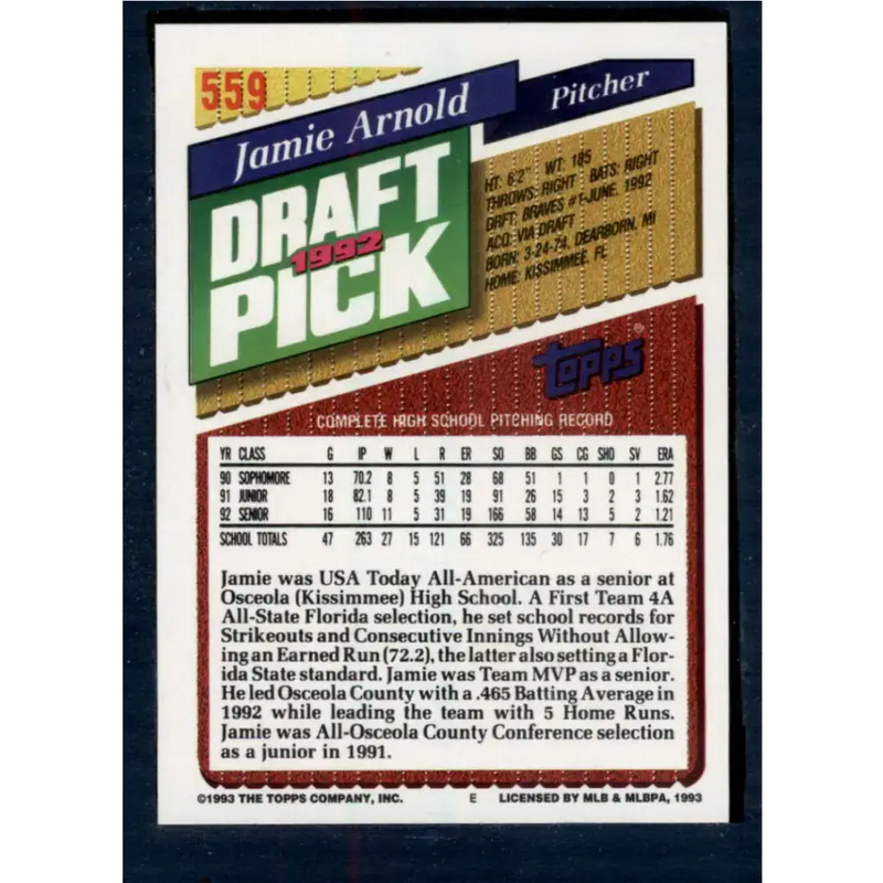 1993 Topps #559 Jamie Arnold NM-MT RC Rookie Atlanta Braves Baseball Card - Baseball Card Single