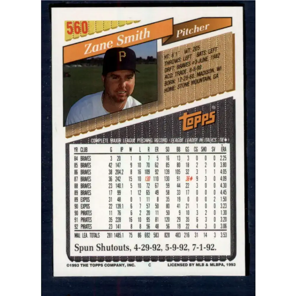 1993 Topps #560 Zane Smith NM-MT Pittsburgh Pirates Baseball Card - Baseball Card Single