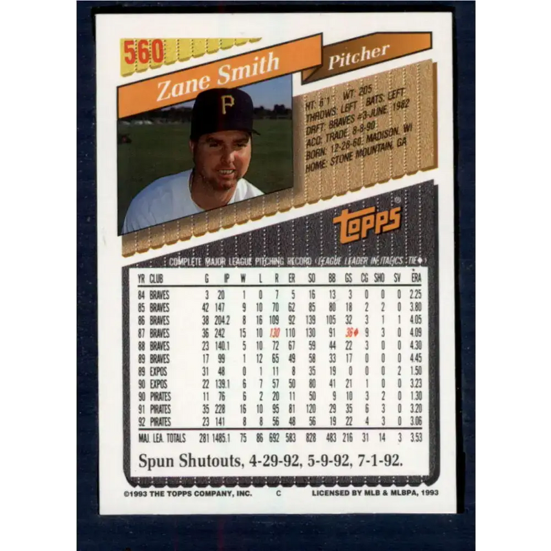 1993 Topps #560 Zane Smith NM-MT Pittsburgh Pirates Baseball Card - Baseball Card Single