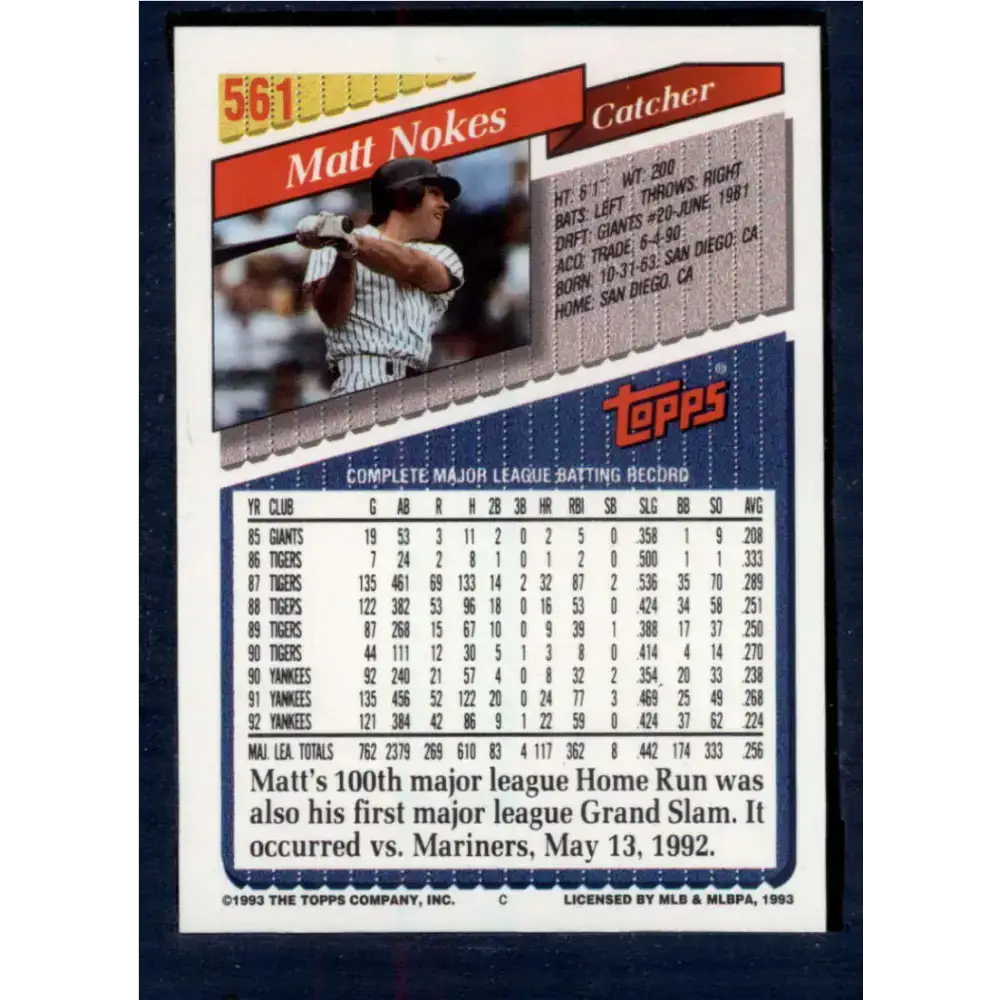 1993 Topps #561 Matt Nokes NM-MT New York Yankees Baseball Card - Baseball Card Single