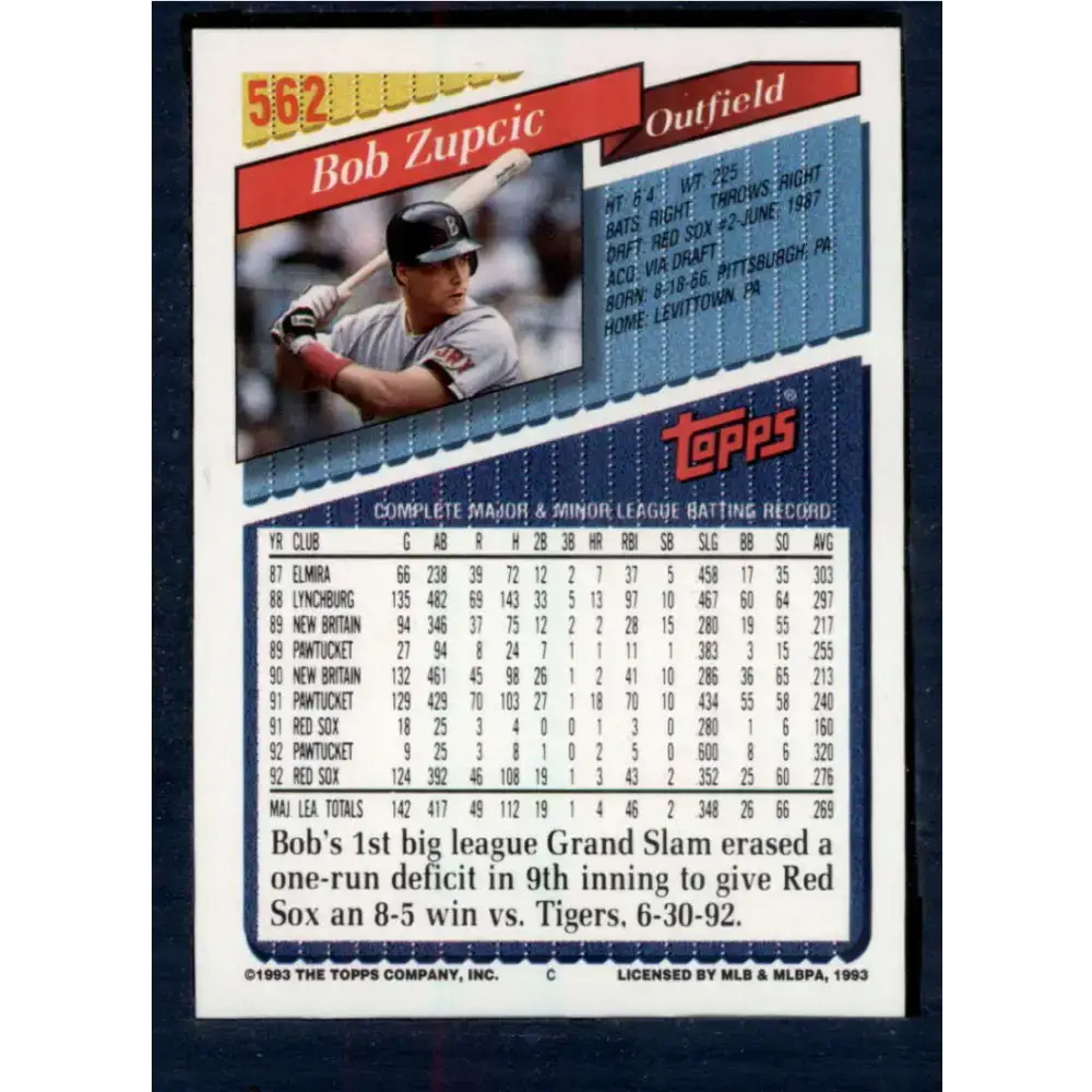 1993 Topps #562 Bob Zupcic NM-MT Boston Red Sox Baseball Card - Baseball Card Single