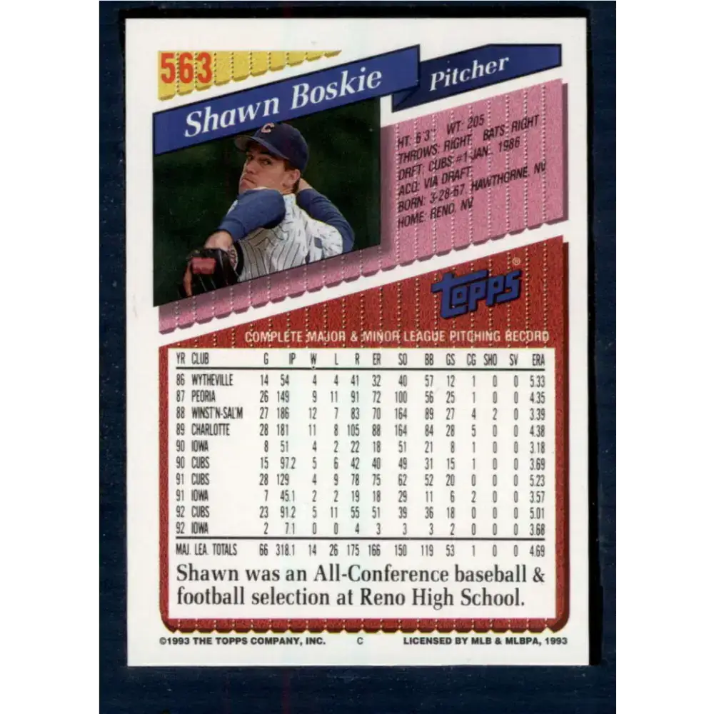 1993 Topps #563 Shawn Boskie NM-MT Chicago Cubs Baseball Card - Baseball Card Single