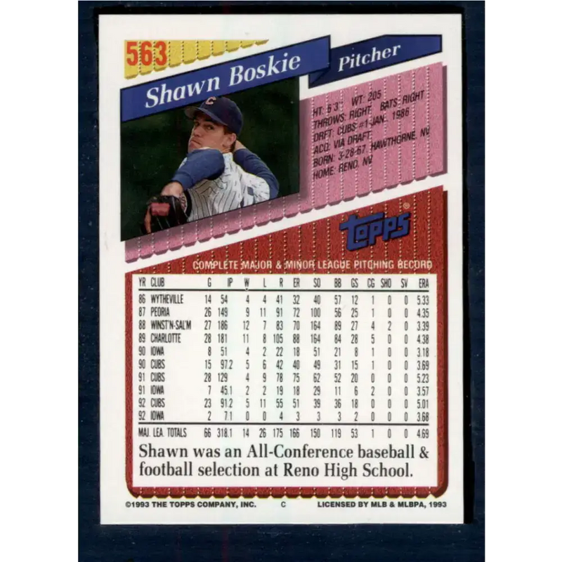 1993 Topps #563 Shawn Boskie NM-MT Chicago Cubs Baseball Card - Baseball Card Single