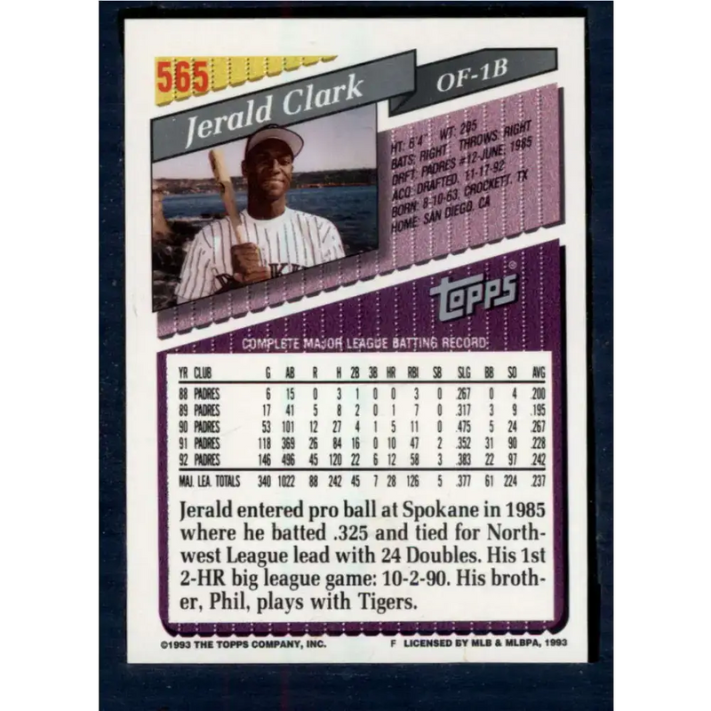 1993 Topps #565 Jerald Clark NM-MT Colorado Rockies Baseball Card - Baseball Card Single