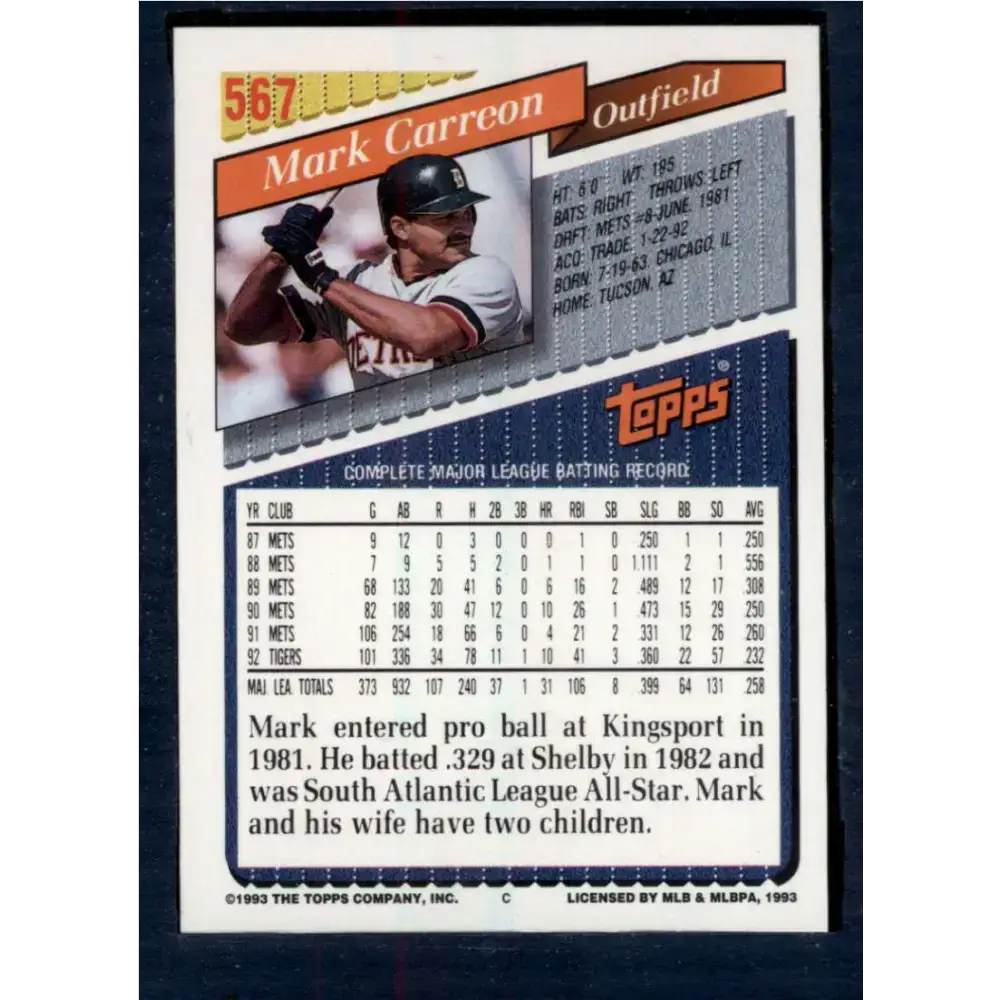 1993 Topps #567 Mark Carreon NM-MT Detroit Tigers Baseball Card - Baseball Card Single