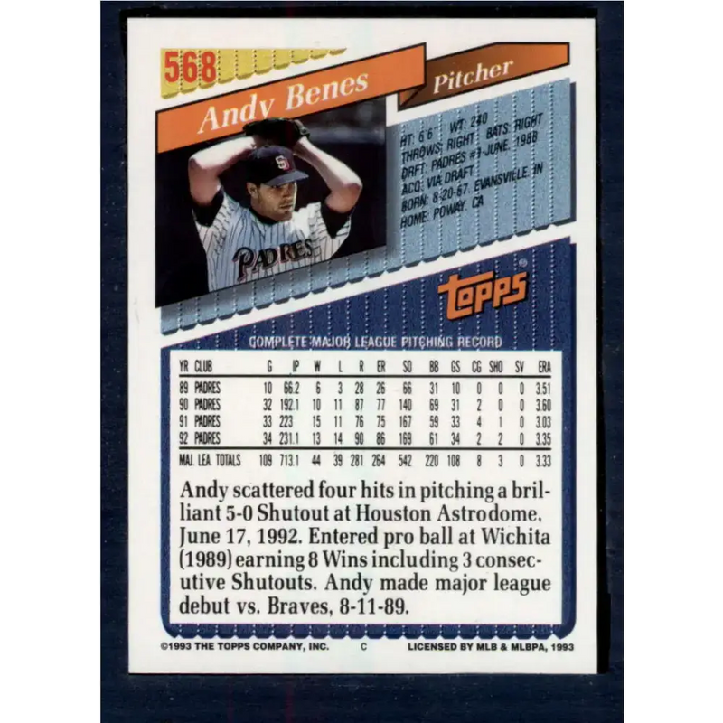 1993 Topps #568 Andy Benes NM-MT San Diego Padres Baseball Card - Baseball Card Single